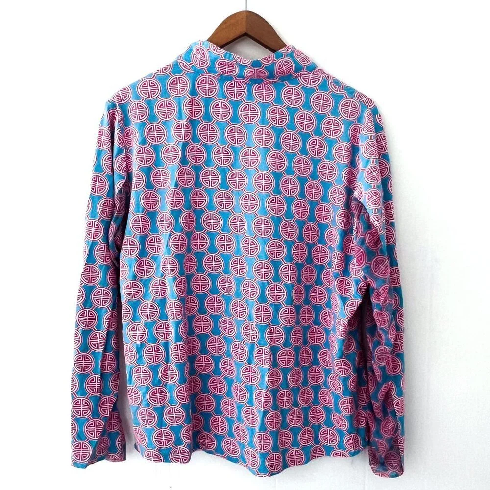 IBKUL Zip Long Sleeve Mock Neck Top Pink Blue medallion XL - Picture 3 of 10
